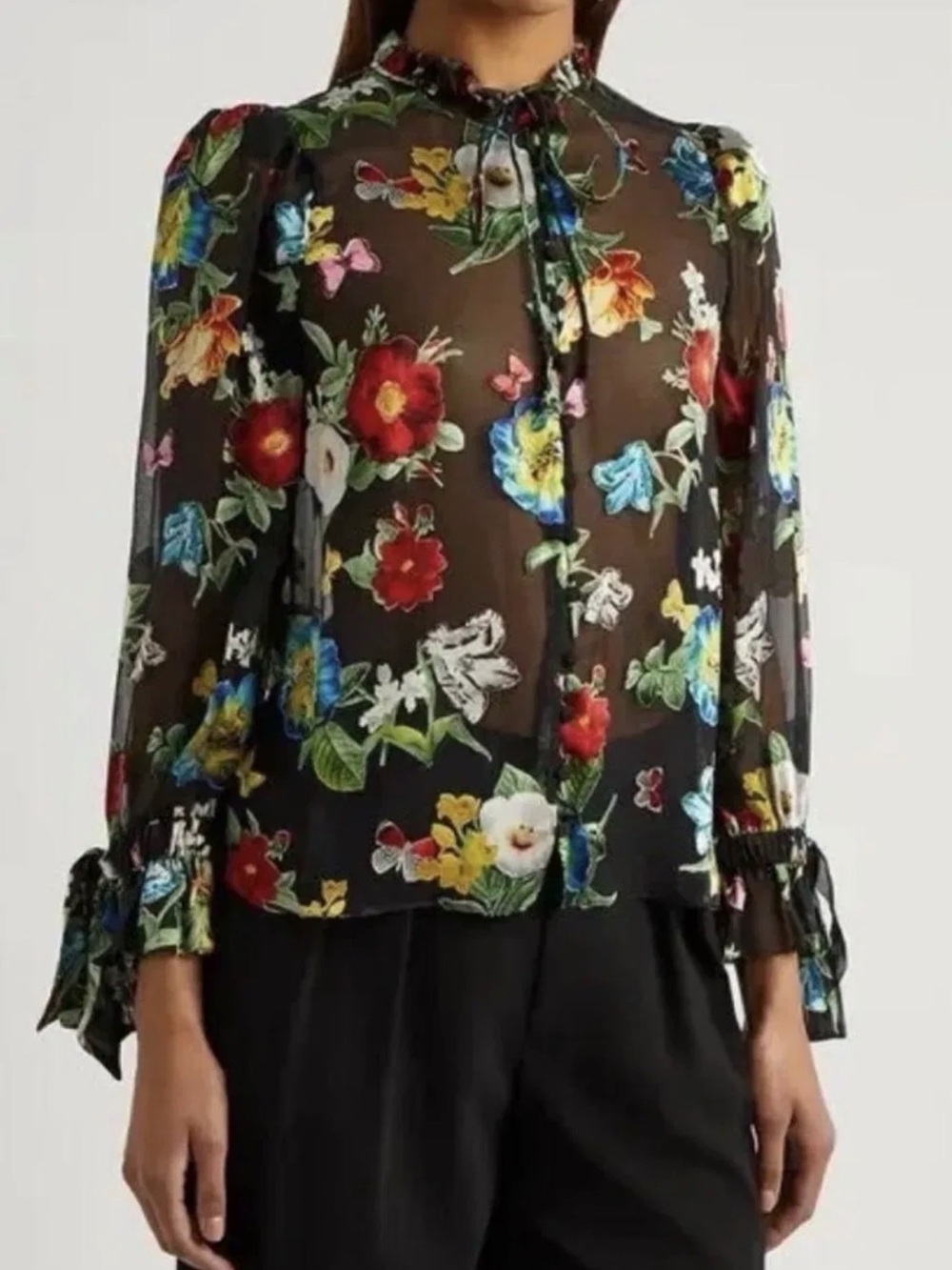 Alice + Olivia Julius Floral Devoré Chiffon Blouse Ruffle Tie Cuff | Size M/8